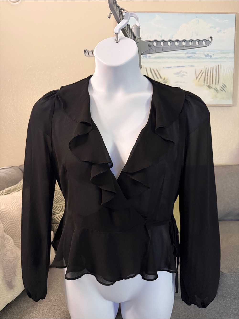 Forever 21 Black Ruffle Wrap Blouse - V-Neck Long Sleeve